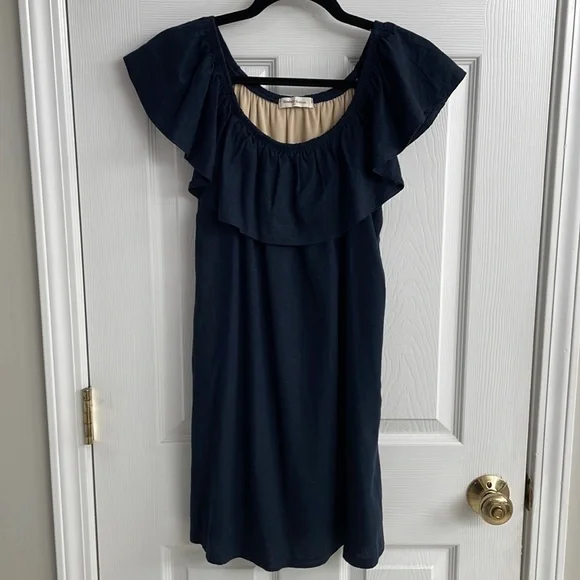 Newbury Kustom | Dresses | Newbury Kustom Ruffle Dress Navy Blue Mini Dress  Size Medium Lined Linen | Poshmark